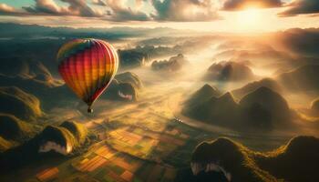 AI generated A hot air balloon floating in the sky among natural beauties. Generative AI photo