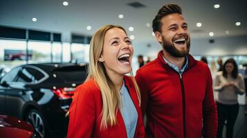 AI generated Young couple excitedly choosing their first car in a car dealership. Generative AI photo