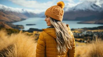 AI generated Female hiker in winter hat enjoying calm lake view. Generative AI photo