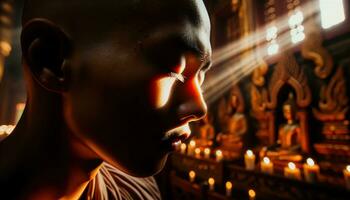 ai generado monjes meditando profundamente en un templo. generativo ai foto