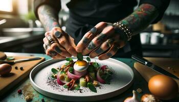 AI generated A chef delicately decorates his plate. Generative AI photo
