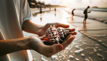 AI generated Close-up shot of a beach worker's hands holding a unique seashell. Generative AI photo