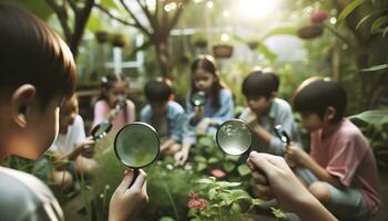 ai generado niños en el jardín explorar el belleza y complejidad de naturaleza con un aumentador vaso. generativo ai foto