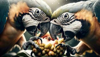 AI generated Colorful parrots playfully quarreling over a fruit. Generative AI photo