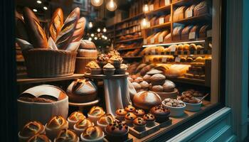 AI generated Freshly baked bread and pastries displayed in a bakery's window. Generative AI photo