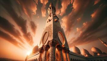 AI generated Image showing intricate details of a mosque's minaret illuminated by the setting sun. Generative AI photo