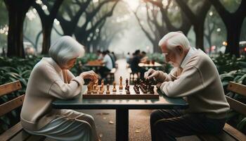 AI generated Old people playing chess in the park. Generative AI photo