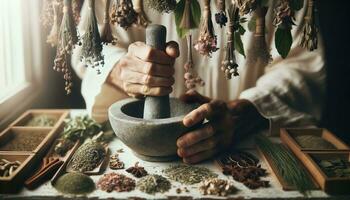 AI generated Cropped view of herbalist grinding fresh herbs with dried herbs hanging around. Generative AI photo