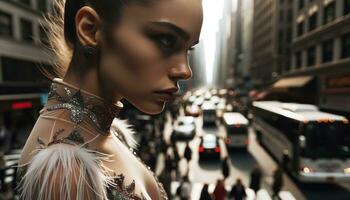 AI generated Close-up picture of a dancer posing on the busy street of the city. Generative AI photo