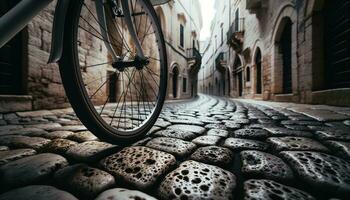 AI generated Close-up shot of a cyclist navigating the winding, narrow streets of an old European town. Generative AI photo