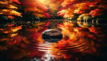 AI generated A stone in a pond in autumn and the waves forming around it. Generative AI photo