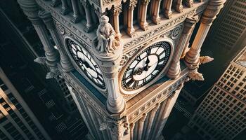 AI generated Bird's eye view of the historical clock tower. Generative AI photo