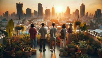 AI generated People enjoying the sunset on a city rooftop garden surrounded by potted plants and city views. Generative AI photo