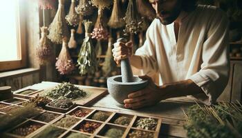 AI generated Cropped view of herbalist grinding fresh herbs with dried herbs hanging around. Generative AI photo