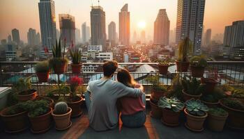 AI generated People enjoying the sunset on a city rooftop garden surrounded by potted plants and city views. Generative AI photo