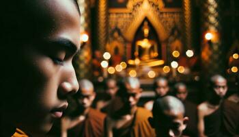 AI generated Monks meditating deeply in a temple. Generative AI photo