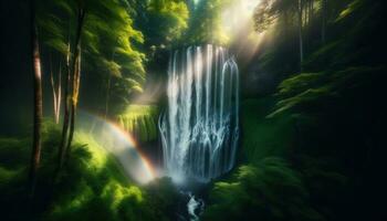 AI generated Rainbow hues shining through the mist of a hidden waterfall in a dense forest. Generative AI photo