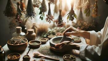 AI generated Cropped view of herbalist grinding fresh herbs with dried herbs hanging around. Generative AI photo