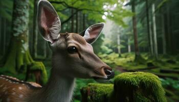 AI generated A deer grazing alone among tall, moss-covered trees in a forest. Generative AI photo