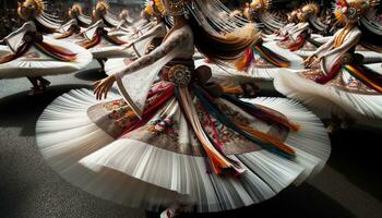 ai generado bailarines en vibrante disfraces celebrando a un local festival. generativo ai foto