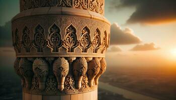 AI generated Image showing intricate details of a mosque's minaret illuminated by the setting sun. Generative AI photo