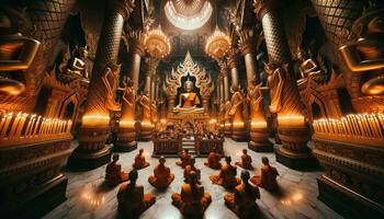 AI generated Monks meditating deeply in a temple. Generative AI photo