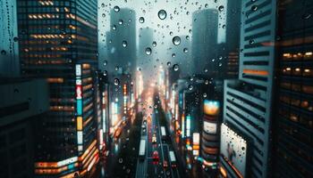 AI generated Raindrops on a window pane with a bustling city in the background. Generative AI photo