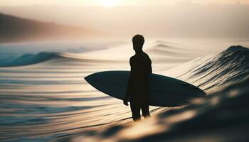 ai generado un solitario tablista debajo su tabla de surf, mirando apagado dentro el distancia. generativo ai foto