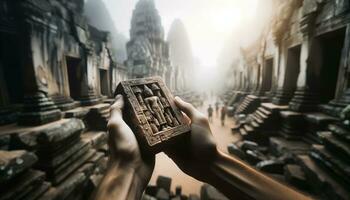 AI generated Explorers study the bygone era amidst ancient ruins. Generative AI photo