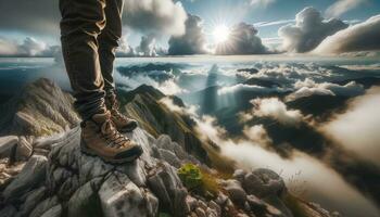 ai generado un caminante en parte superior de el montaña con un vasto mar de nubes debajo. generativo ai foto