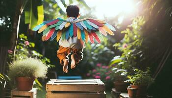 ai generado imaginativo y aventurero niño en un soleado jardín, vistiendo improvisado alas hecho de cartulina y plumas. generativo ai foto