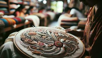 AI generated Artisans working on intricate embroidery in a traditional workshop setting. Generative AI photo