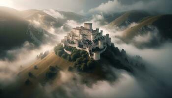 AI generated View of the ancient castle covered in fog on a hill. Generative AI photo