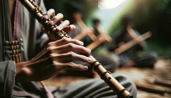 AI generated Close-up of the hands of a musician skillfully playing a bamboo flute. Generative AI photo