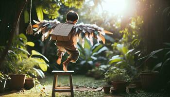 AI generated Imaginative and adventurous child in a sunny garden, wearing makeshift wings made of cardboard and feathers. Generative AI photo