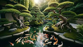 AI generated Koi fish swimming freely in a pond in a Japanese garden decorated with bonsai trees. Generative AI photo