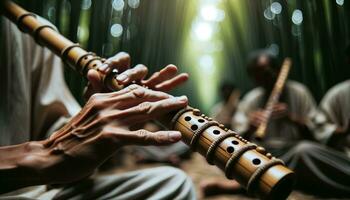 ai generado de cerca de el manos de un músico hábilmente jugando un bambú flauta. generativo ai foto