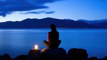 ai generado mujeres haciendo un tranquilo meditación por el playa. generativo ai foto