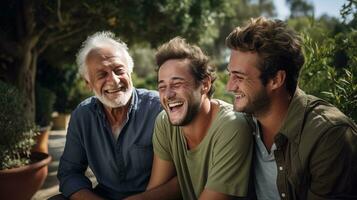 ai generado alegre retrato de Tres generaciones de caucásico hombres, todas sonriente. generativo ai foto