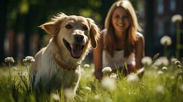 AI generated Cheerful young woman is playing with her Labrador dog in a lush green field. Generative AI photo