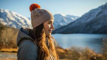 AI generated Female hiker in winter hat enjoying calm lake view. Generative AI photo