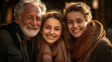 ai generado Tres generaciones frente a el cámara, abrazando calurosamente generativo ai foto