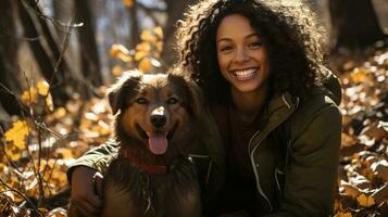 AI generated Cheerful young woman is playing with her Labrador dog in a lush green field. Generative AI photo