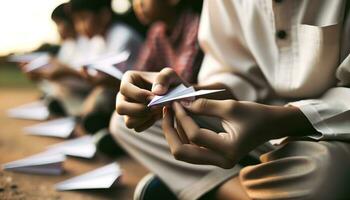 AI generated Close-up hands of a child meticulously folding a piece of paper to make his airplane. Generative AI photo