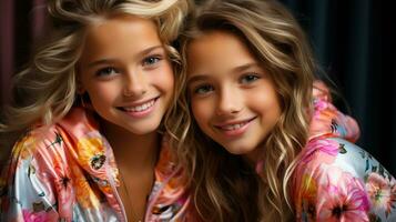 ai generado estudio retrato de dos alegre joven chicas. generativo ai foto
