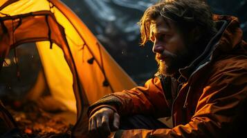 AI generated Young adventurous man camping with a tent in a mountainous area. Generative AI photo