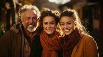 ai generado Tres generaciones frente a el cámara, abrazando calurosamente generativo ai foto