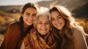 ai generado Tres generaciones frente a el cámara, abrazando calurosamente generativo ai foto