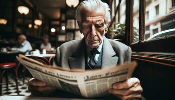 ai generado antiguo hombre leyendo periódico en antiguo hora cafetería. generativo ai foto