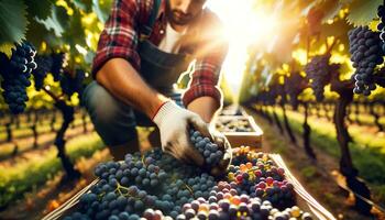 AI generated Workers harvesting grapes in a vineyard. Generative AI photo